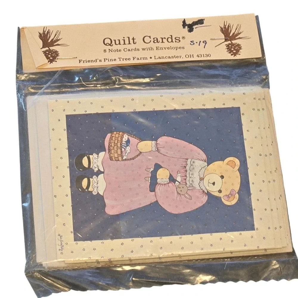 Vintage 90s Teddy Bear‎ Note Card Set of 8 Cottagecore Folk Art Stationery